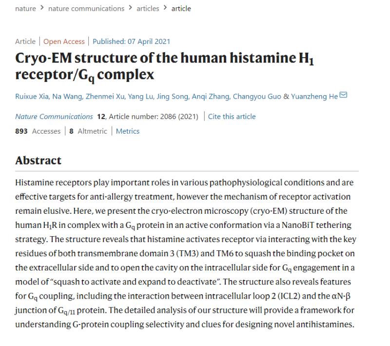 过敏疾病新解：首次操作冷冻电镜揭示人组胺受体复合物布局