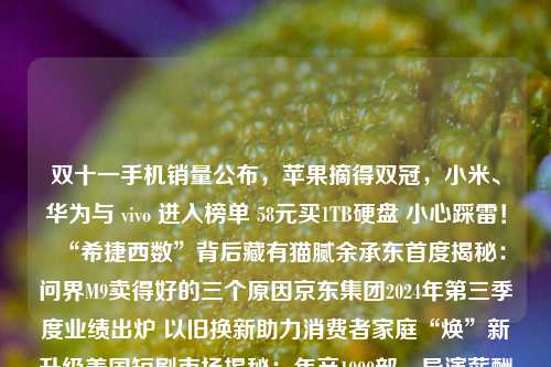 双十一手机销量公布，苹果摘得双冠，小米、华为与 vivo 进入榜单 58元买1TB硬盘 小心踩雷！“希捷西数”背后藏有猫腻余承东首度揭秘：问界M9卖得好的三个原因京东集团2024年第三季度业绩出炉 以旧换新助力消费者家庭“焕”新升级美国短剧市场揭秘：年产1000部，导演薪酬差4倍，爆款演员日薪超千美元小米SU7 Ultra预售10分钟小订突破3680台：女性用户倍增成为“大女主座驾”活君一号益生菌调查追踪：京东、淘宝官方企业店下架全部商品停更三年，李子柒赚了多少钱？腾讯当上了互联网收费站联想手机